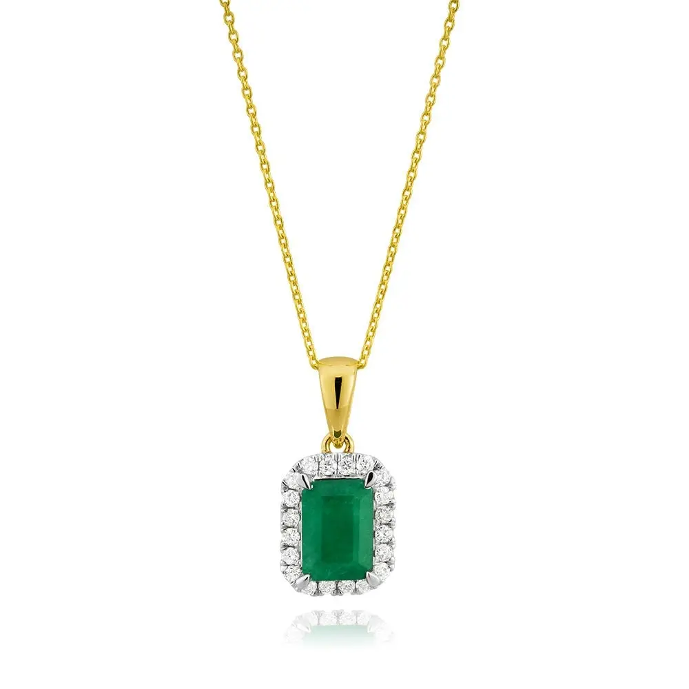 1 Carat Natural Emerald & Diamond Pendant with 45cm Chain in 9ct Yellow Gold