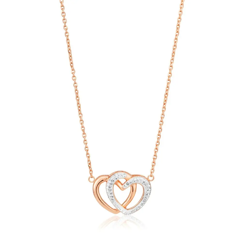 Rose Gold Plated Stainless Steel Crystal Double Heart Pendant with 43cm + 6.5cm Chain