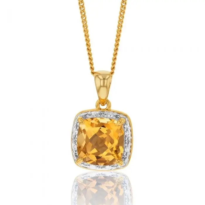 9ct Yellow Gold 8mm 2.00ct Citrine and Diamond Cushion Cut Pendant