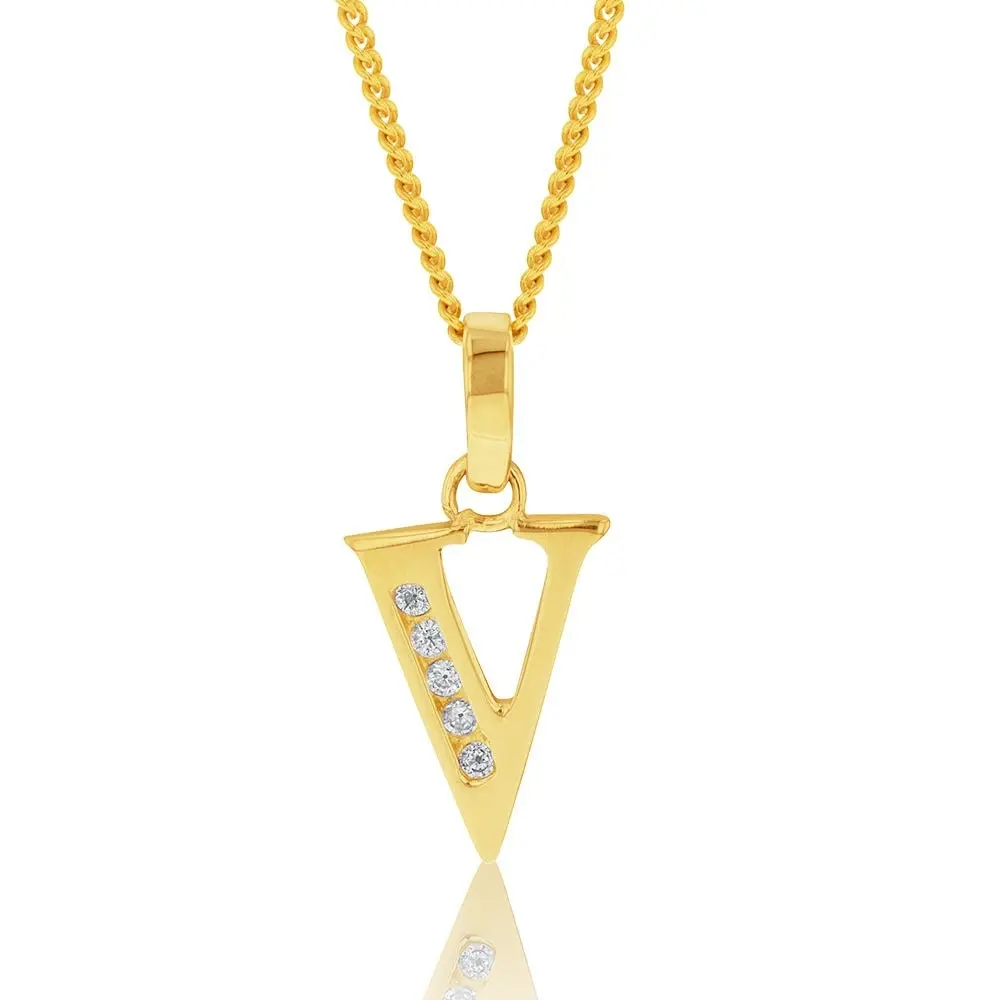 9ct Yellow Gold Initial V Zirconia Pendant