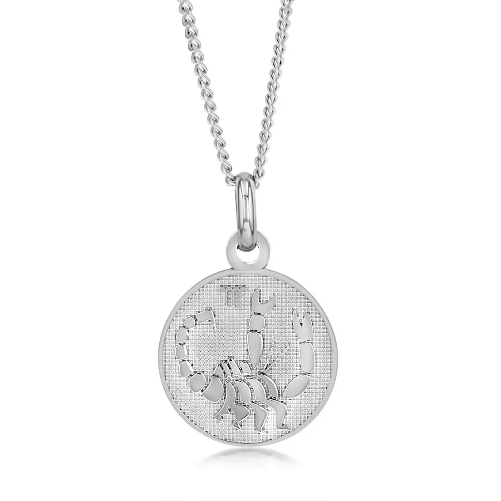 Sterling Silver Rhodium Plated Round Zodiac Scorpio Pendant