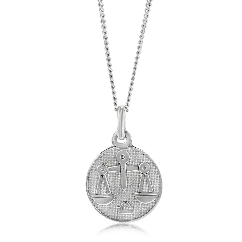 Sterling Silver Rhodium Plated Round Zodiac Libra Pendant