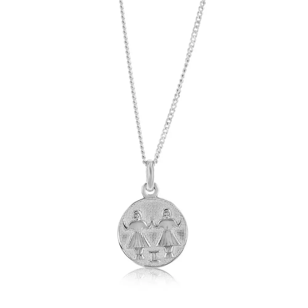 Sterling Silver Rhodium Plated Round Zodiac Gemini Pendant