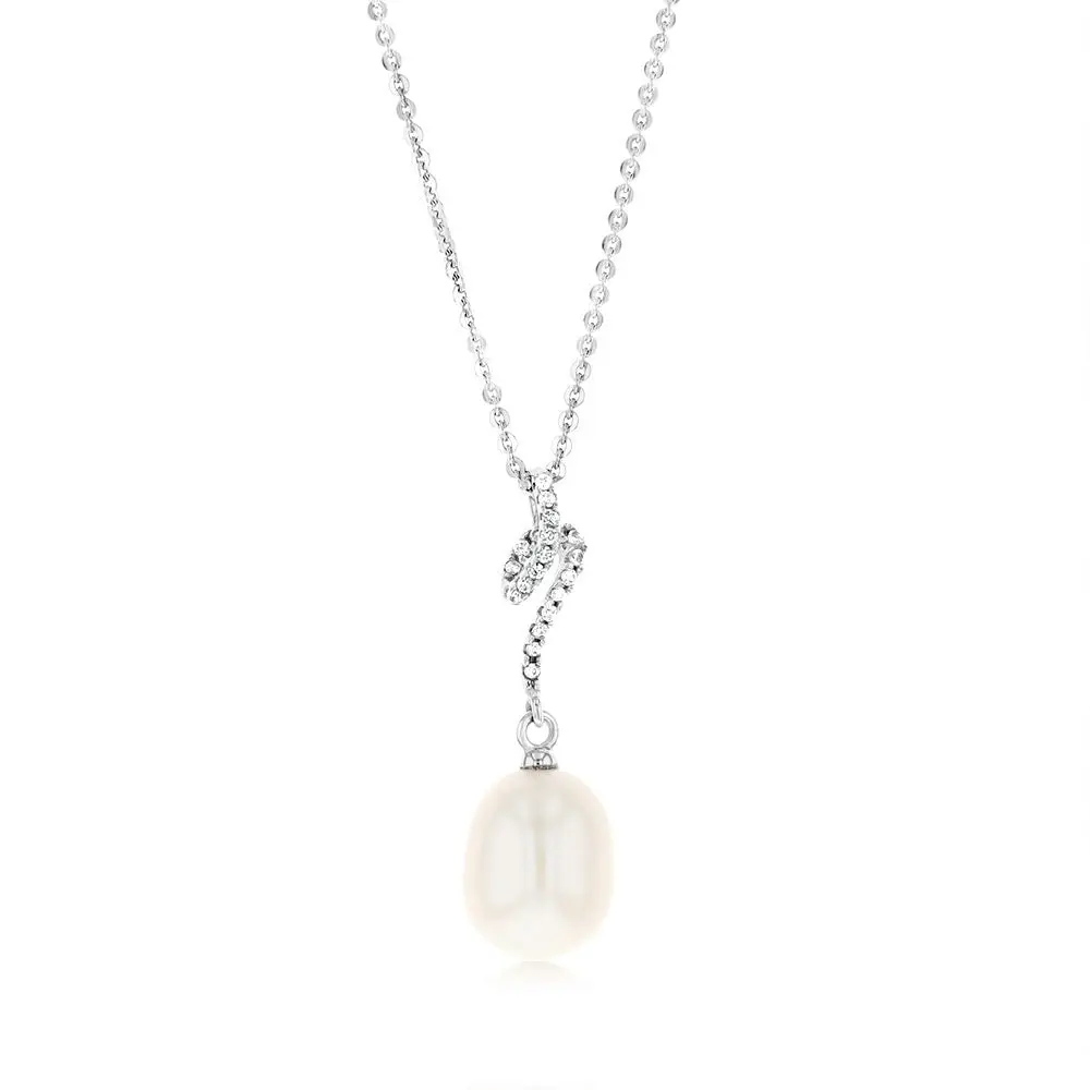 Sterling Silver Rhodium Plated 8.5-9mm Fresh Water Drop Pearl & Zirconia Pendant On Chain