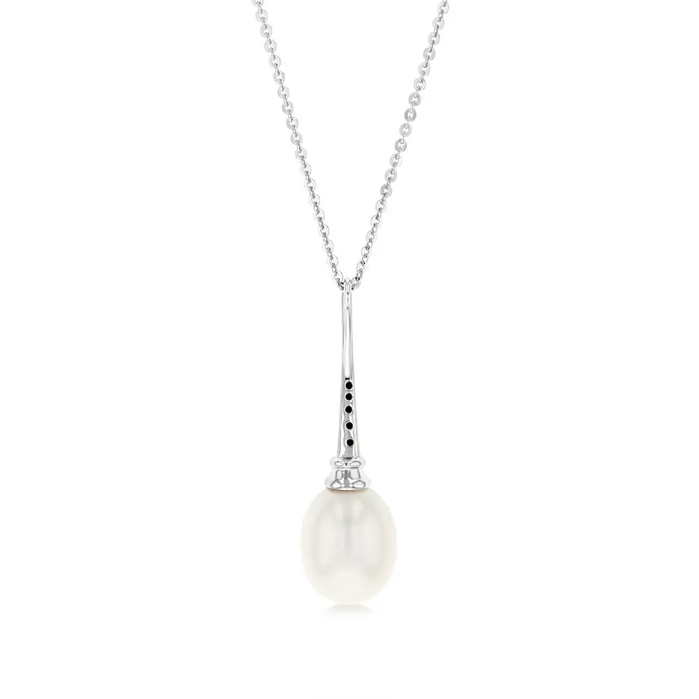 Sterling Silver Rhodium Plated 9-9.5mm Oval Fresh Water Pearl Pendant On Chain