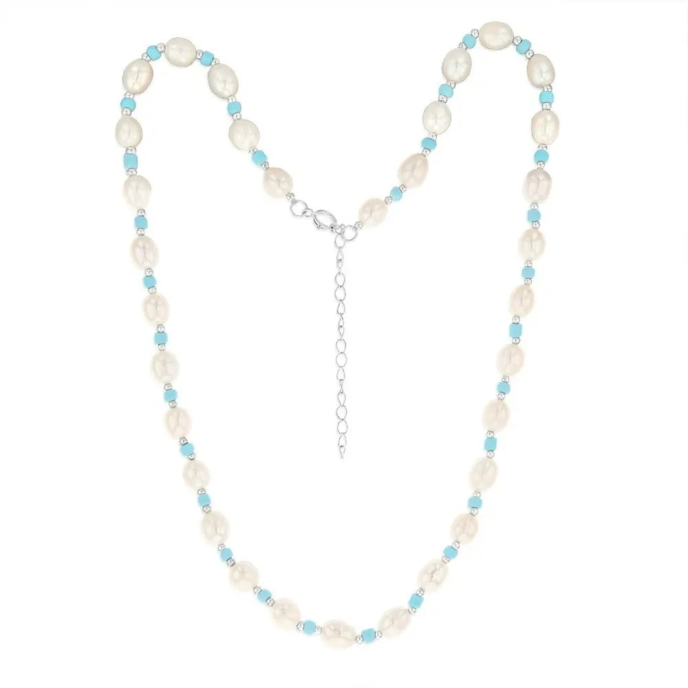 White Freshwater Pearl Chain with Blue & Silver Beads in Sterling Silver