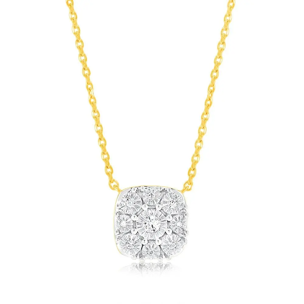 9ct Yellow Gold 1/10 Carat Diamond Pendant with 9 Brilliant Cut Diamonds in Disc Setting