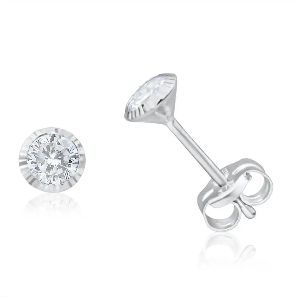 9ct White Gold 4mm Cubic Zirconia Dicut Bezel Set Stud Earrings