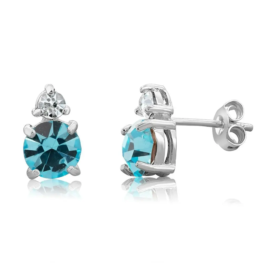 Sterling Silver Aqua Bohemica And White Crystal Studs Earrings