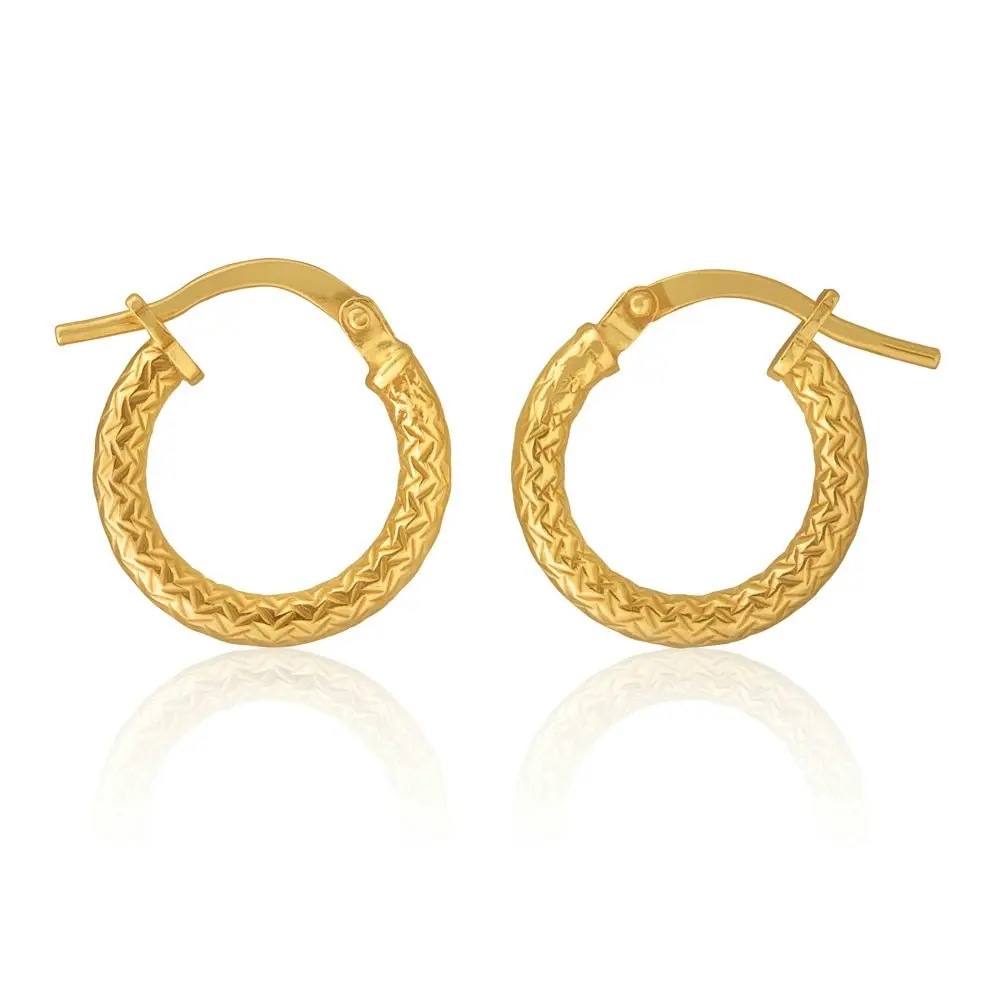 9ct Yellow Gold Silver Filled Diamond Cut 10mm Hoop Earrings