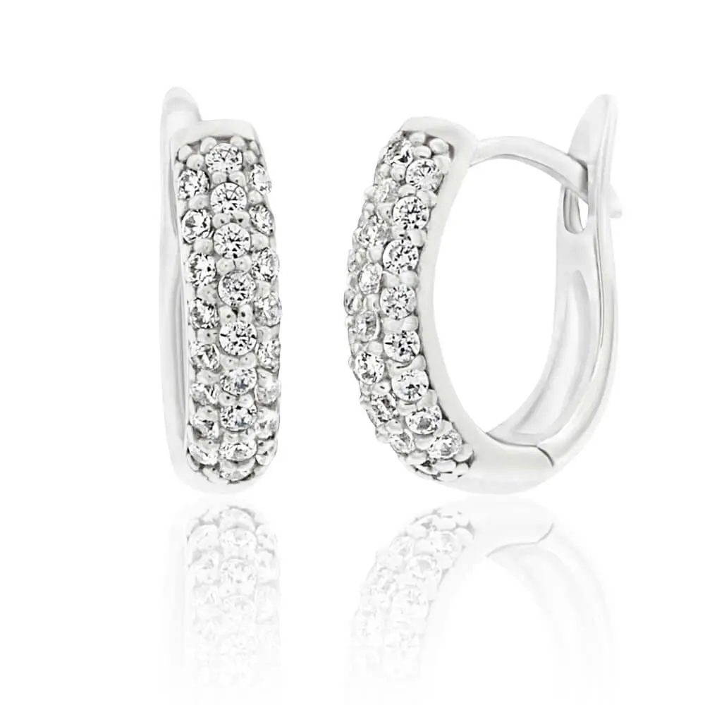 Sterling Silver Rhodium Plated Cubic Zirconia Pave Huggies Hoop Earrings