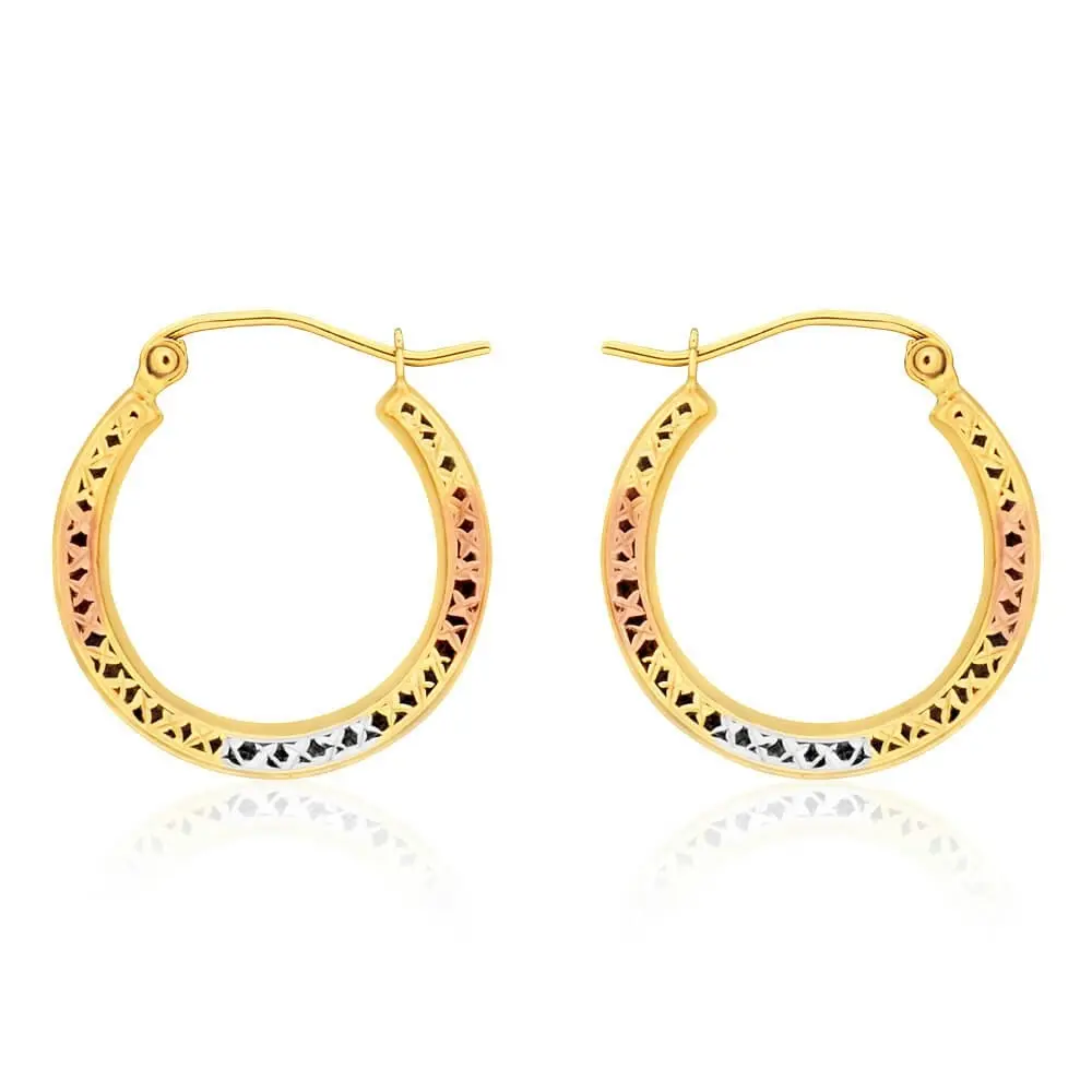 9ct Yellow Gold, White Gold & Rose Gold Cut Out Hoop Earrings