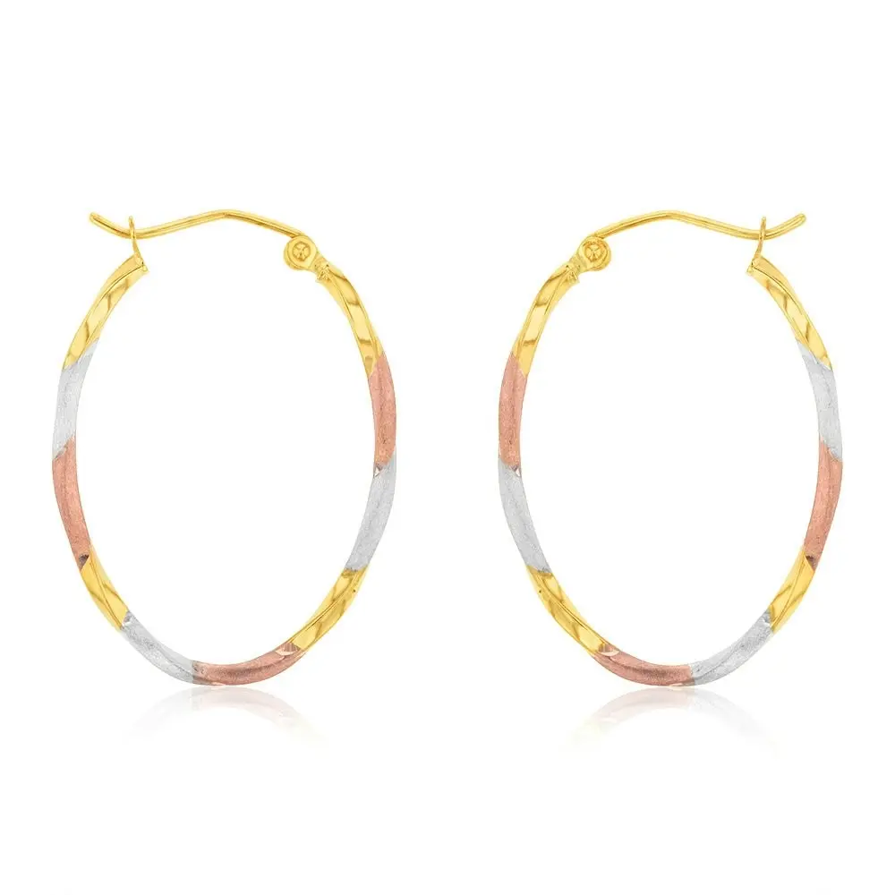 9ct Yellow, Rose, White Three Tone Twist Tube Hoop Earrings