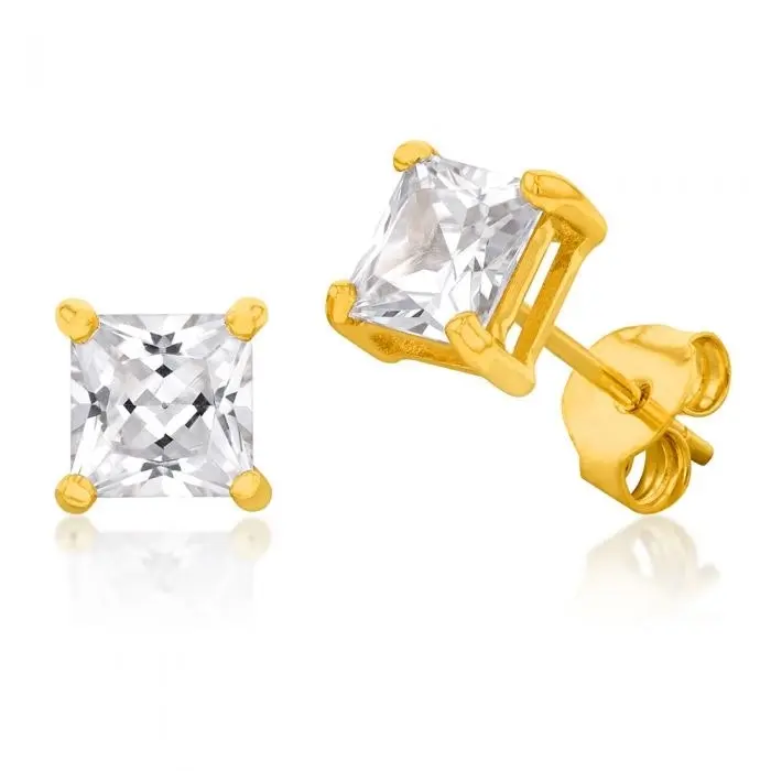 9ct Yellow Gold Princess Cut Cubic Zirconia 5mm Stud Earrings