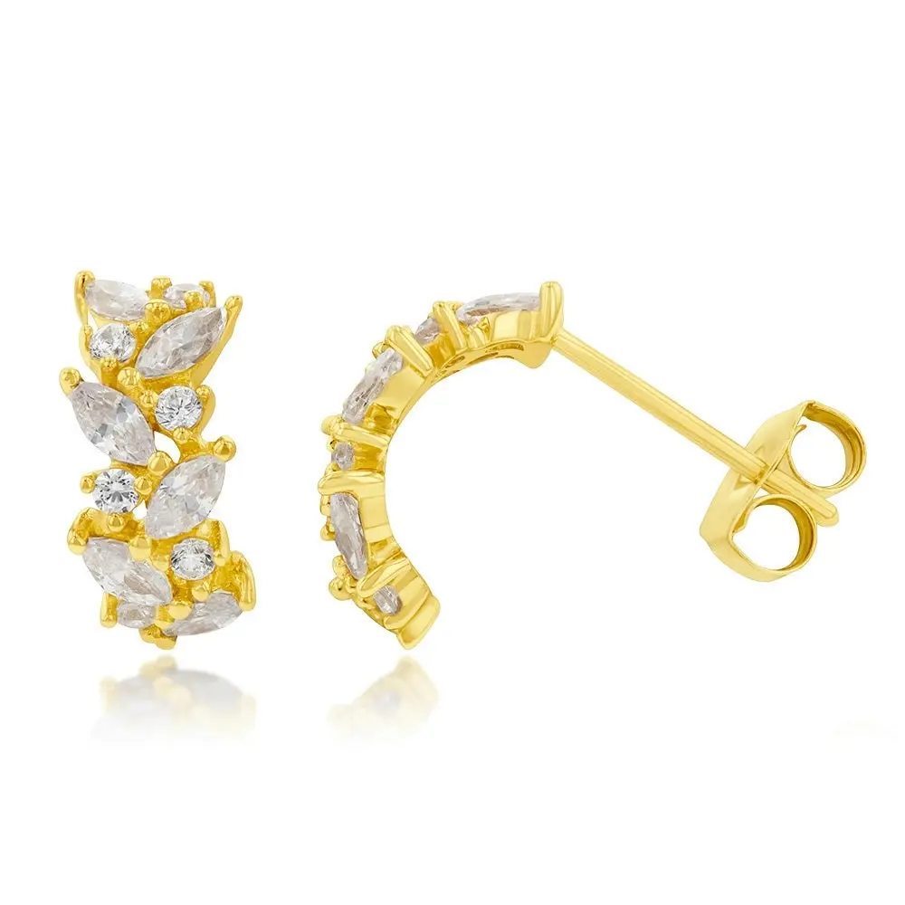 9ct Yellow Gold Cubic Zirconia On Leaf Patterned Half Hoop Earrings