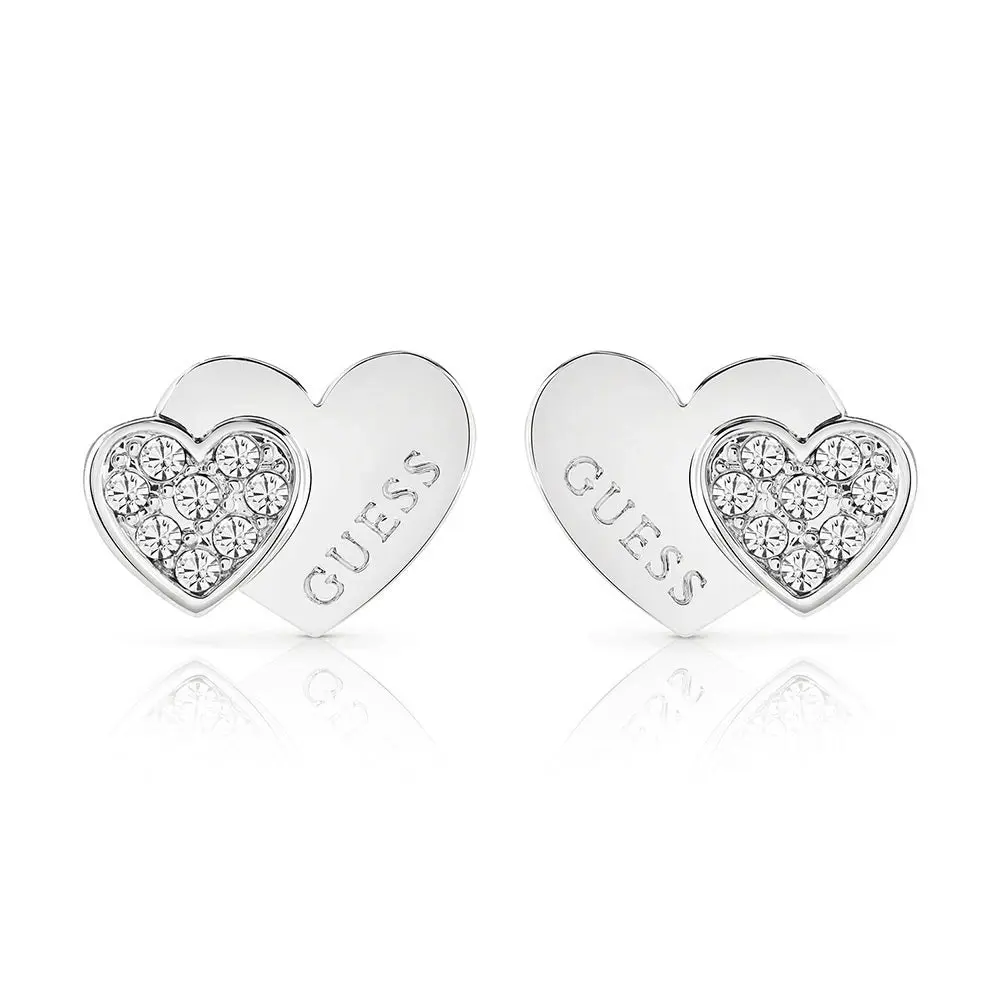 Guess Stainless Steel Double Heart Pave Stud Earrings