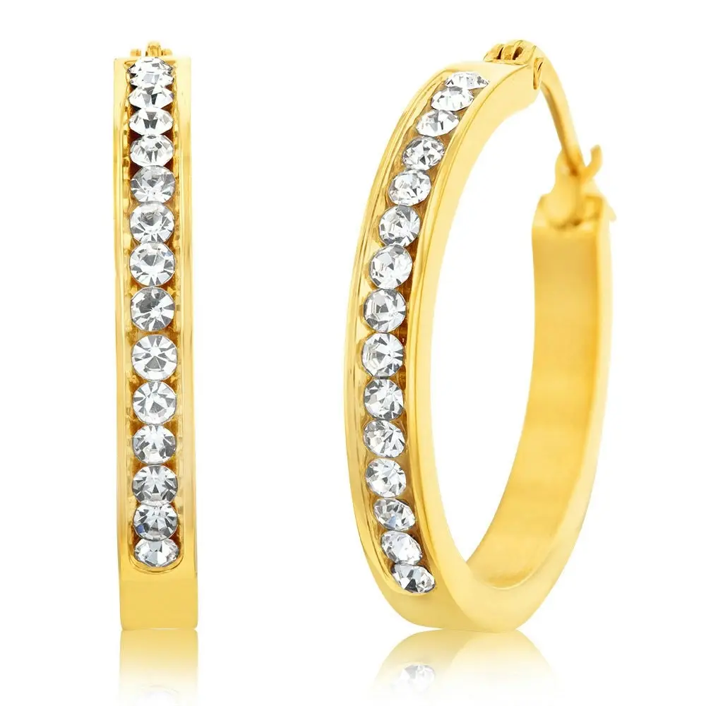 Stainless Steel 25mm Half Circle Yellow Gold Plated Crystal Hoop Earrings