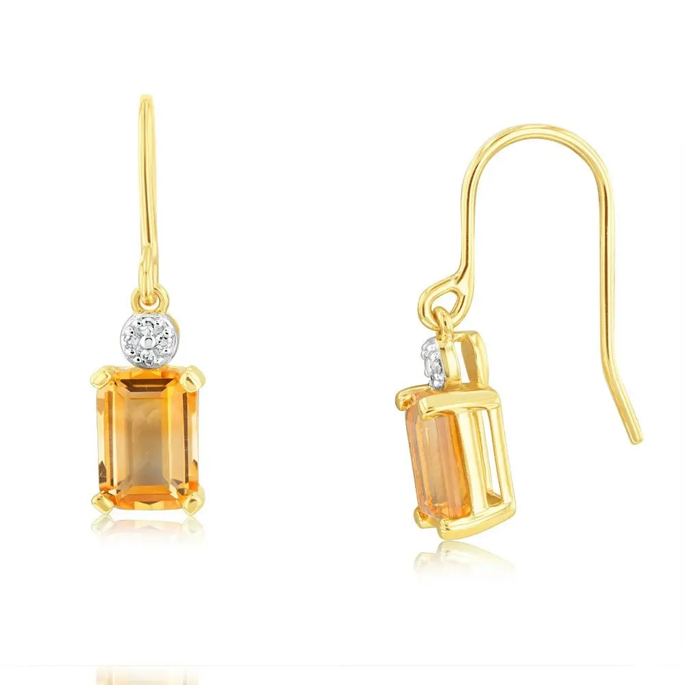 9ct Yellow Gold Citrine And Diamond Drop Earrings