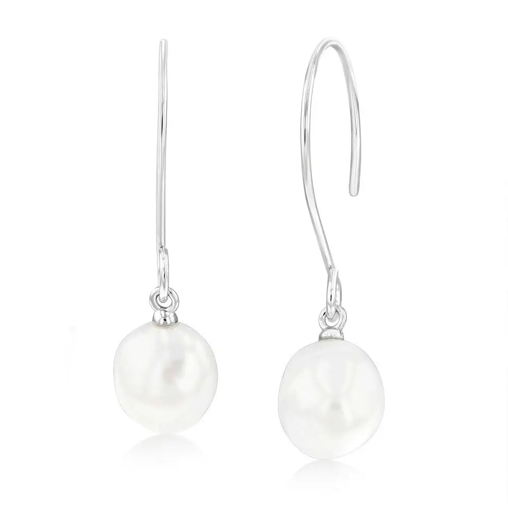 Sterling Silver Rhodium Plated 9-10mm Irregular Fresh Water Pearl Hook Earring