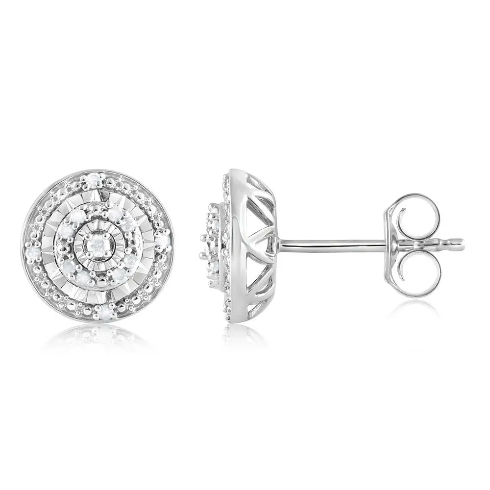 Silver 1/10 Carat Diamond Round Cluster Stud Earrings