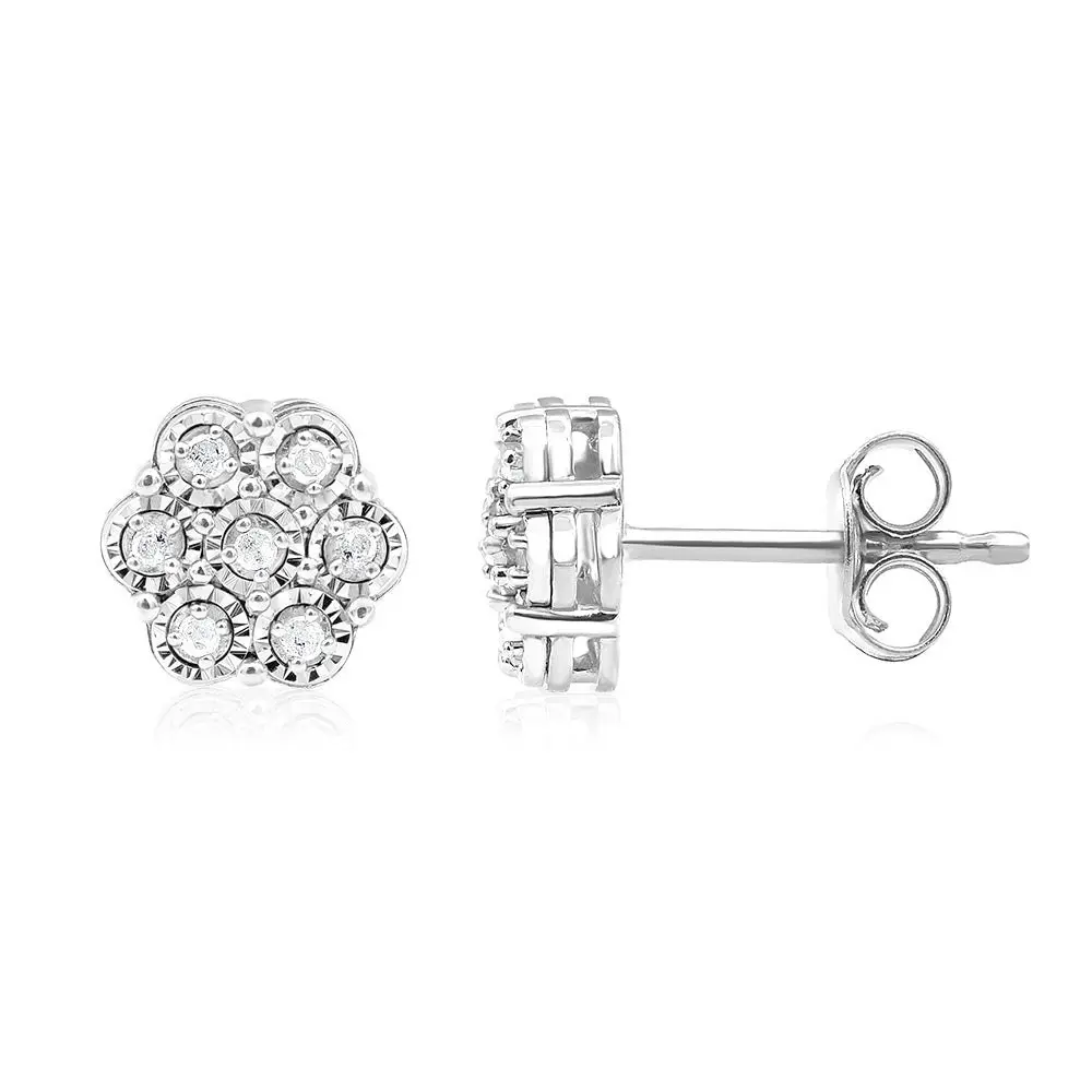 Sterling Silver 1/10 Carat Diamond Flower Shaped Stud Earrings