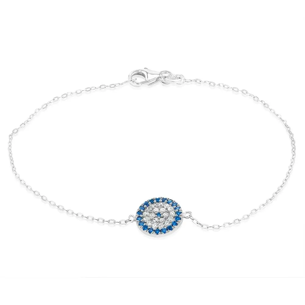 Sterling Silver White And Blue Round Pendant 19cm Bracelet