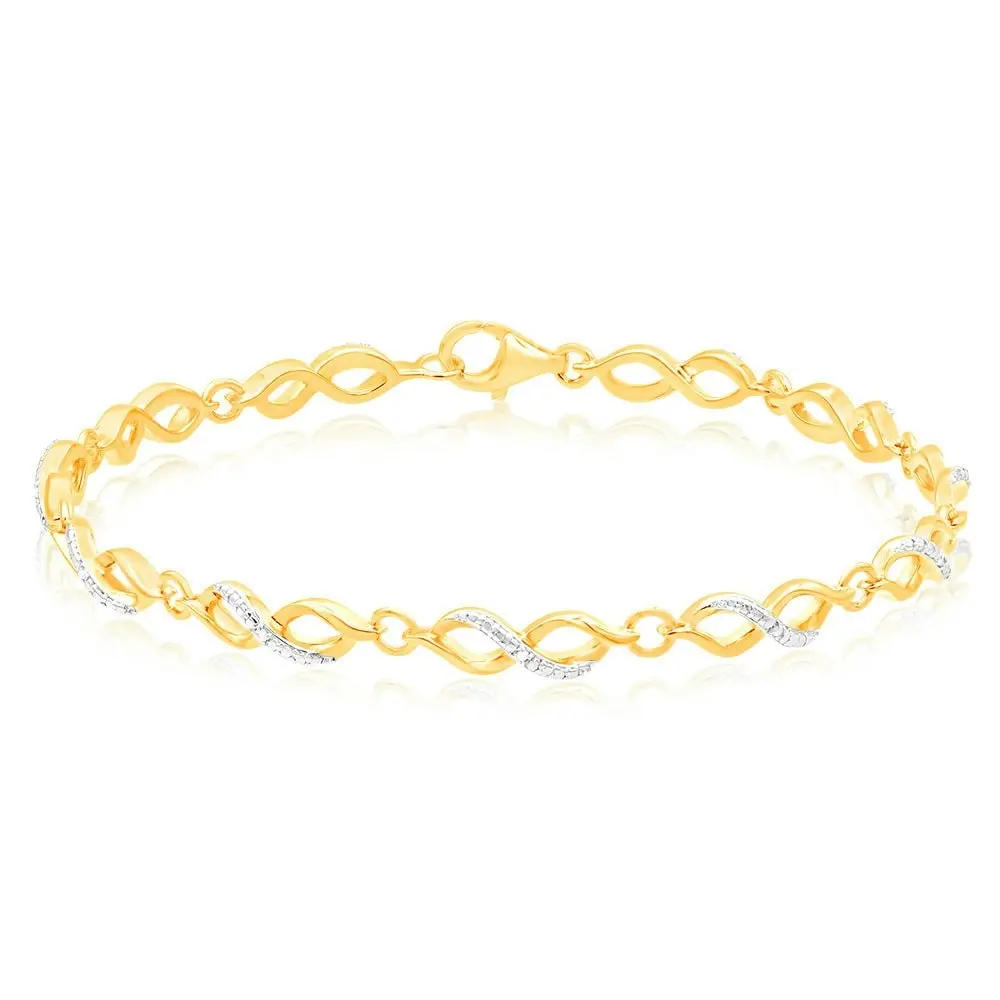 Gold Plated Sterling Silver Fancy Infinity 18.5cm Bracelet with 7 Natural Diamonds