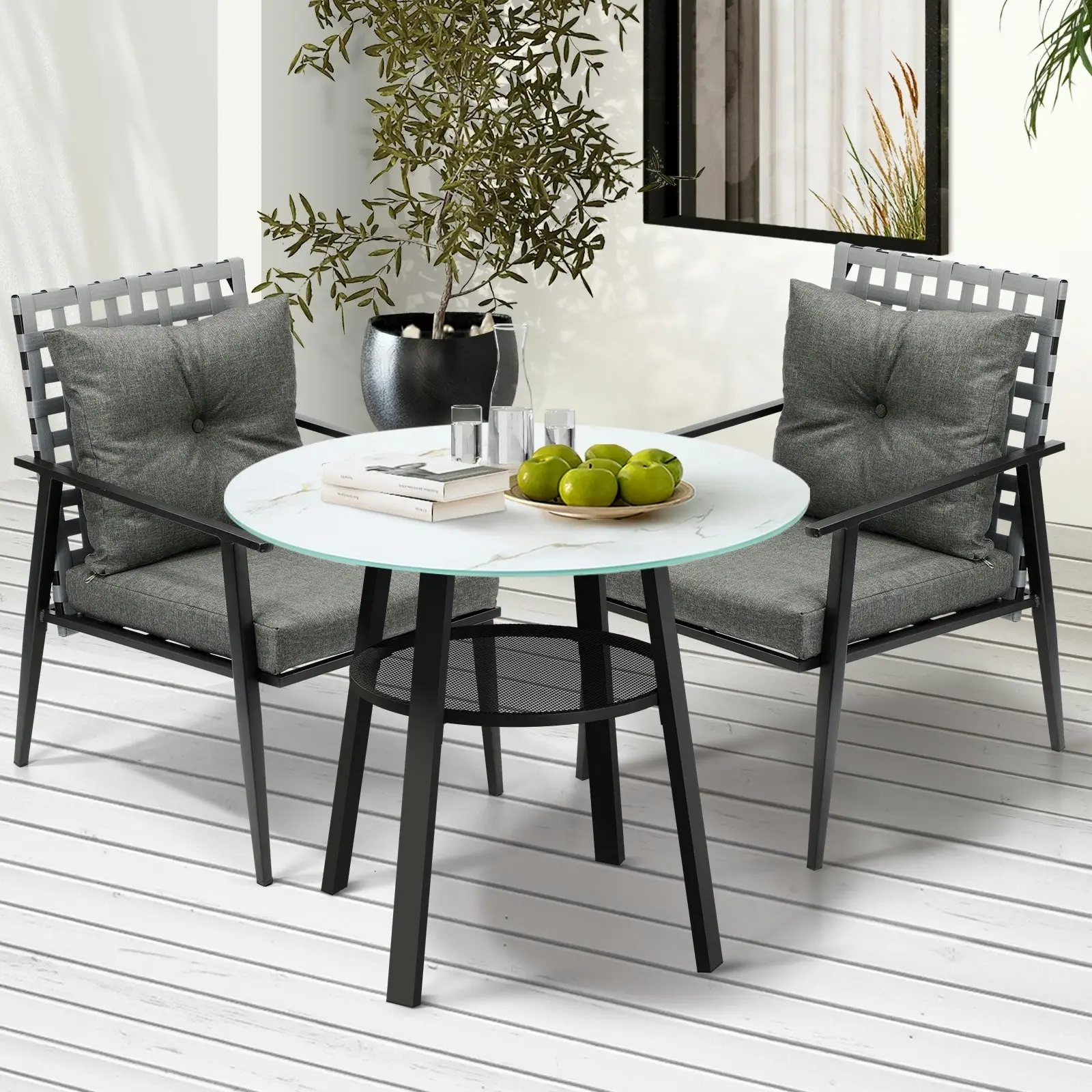 Livsip Outdoor Dining Set 2 Seater Patio Furniture Rattan Armchair Glass Table