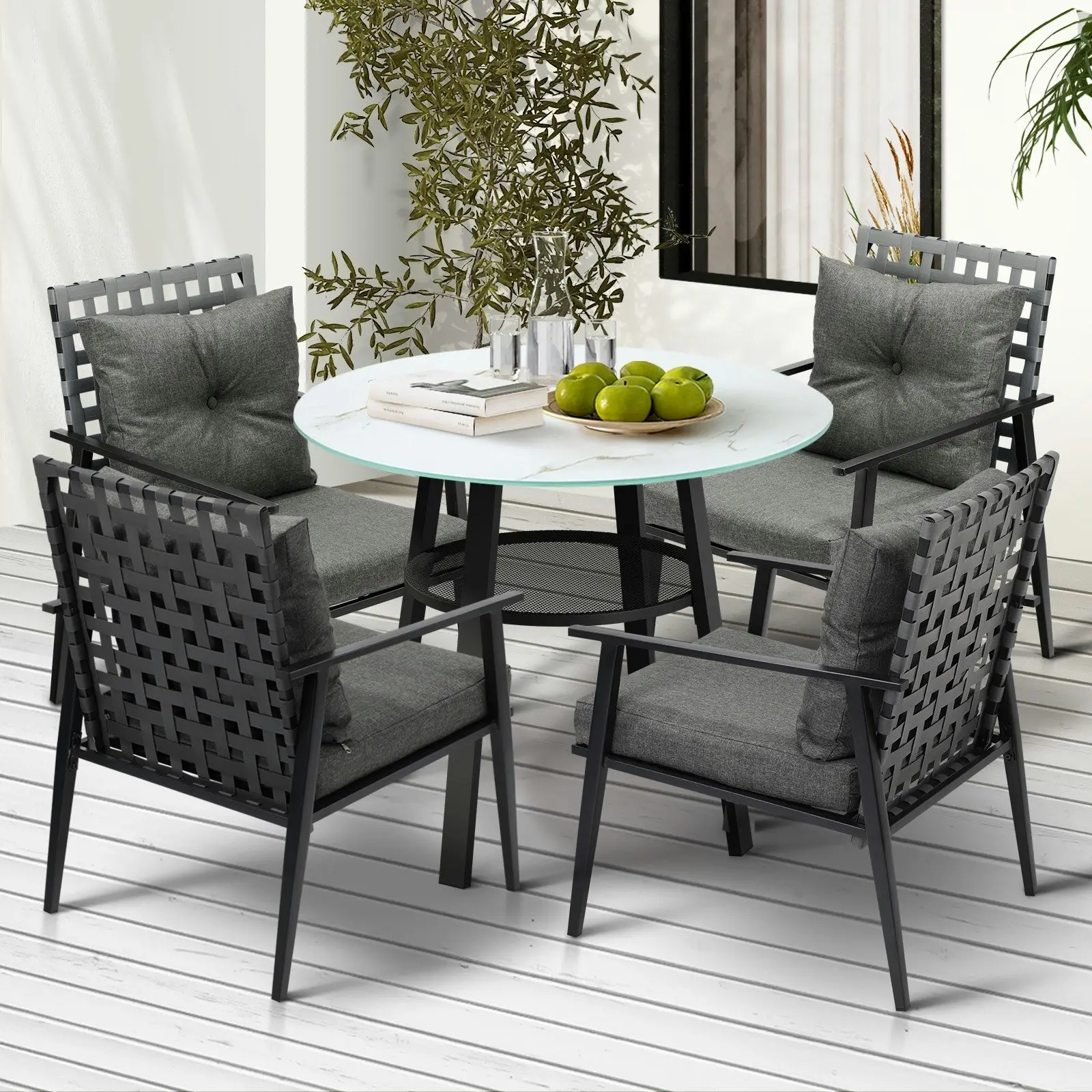 Livsip Outdoor Dining Set 4 Seater Patio Furniture Rattan Armchair Glass Table