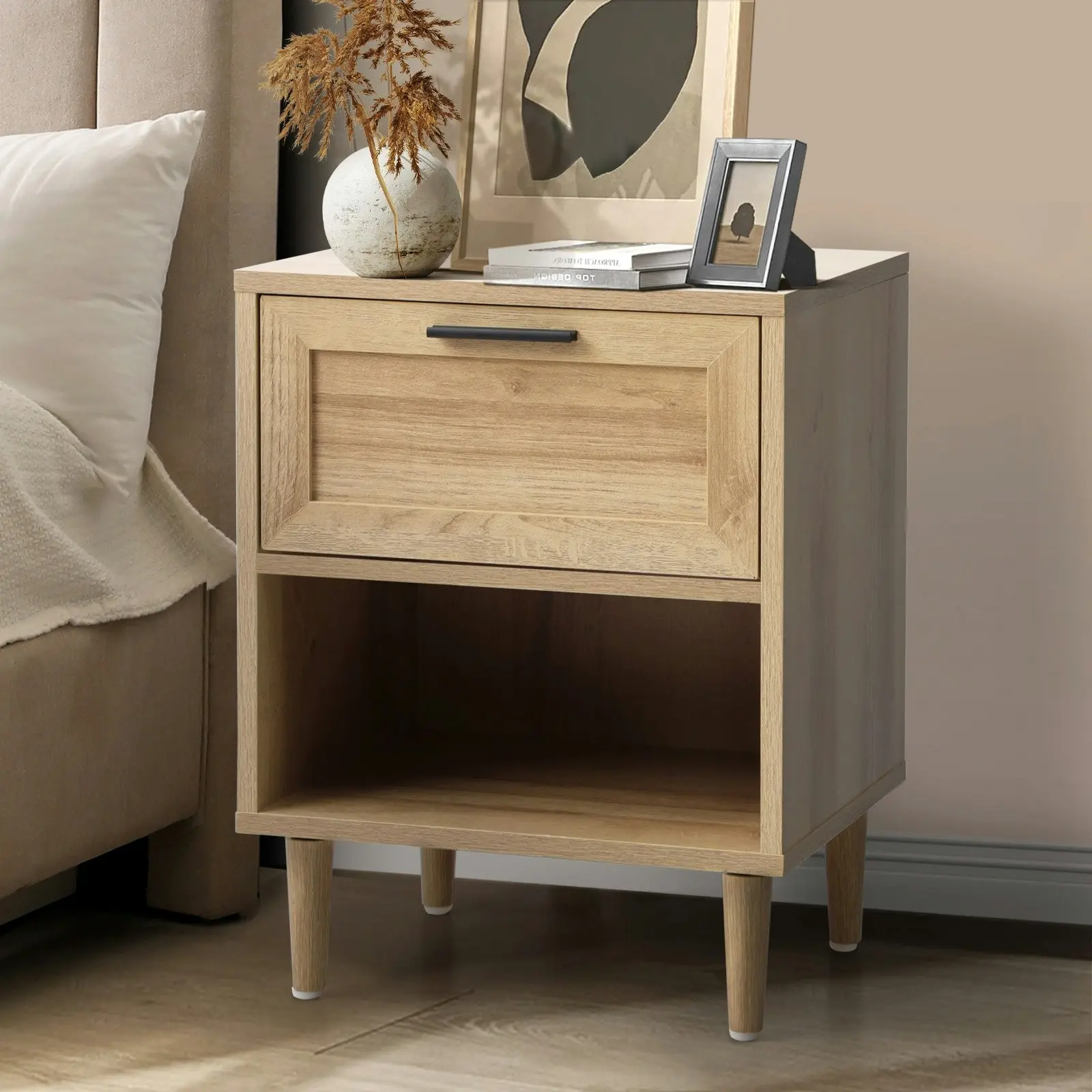 Oikiture Bedside Table Nightstand Side End Table Bedroom Storage Cabinet Natural