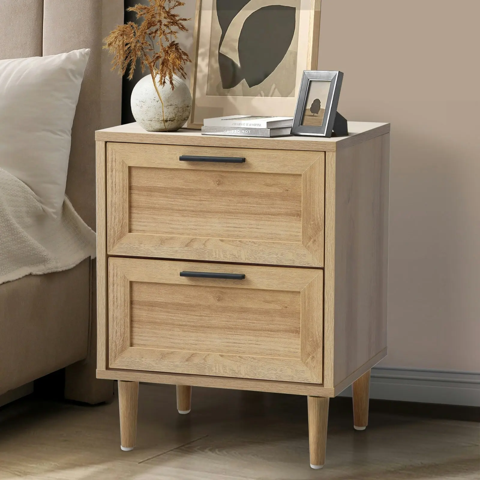 Oikiture Bedside Table Nightstand 2 Drawers Side End Table Storage Natural