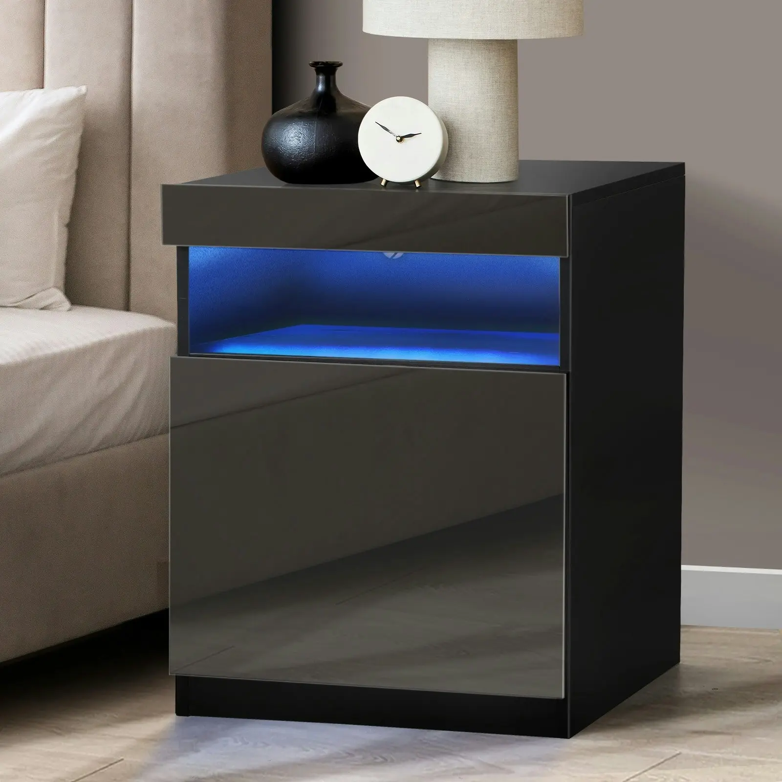 Oikiture Bedside Table LED Nightstand Shelf Side End Table Storage Cabinet Black