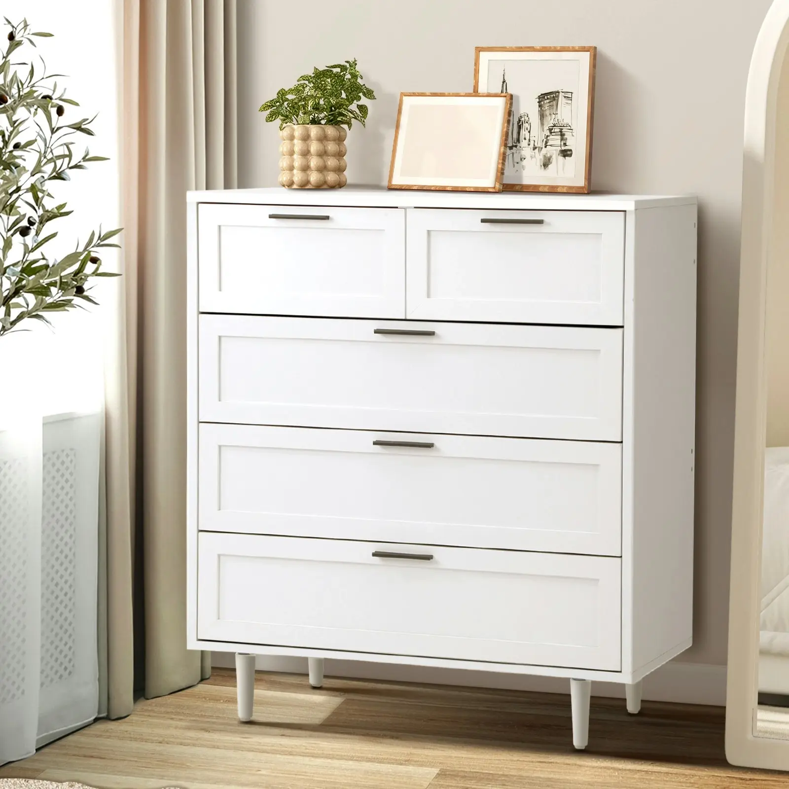 Oikiture 5 Chest of Drawers Dresser Chest Storage Cabinet Tallboy White