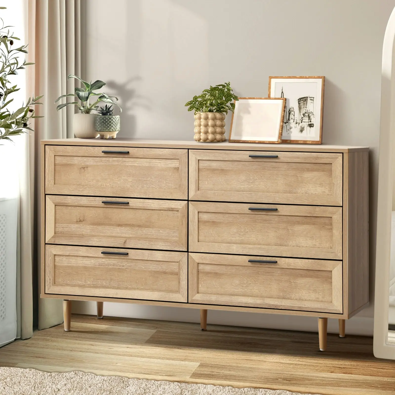 Oikiture 6 Chest of Drawers Dresser Chest Storage Cabinet Tallboy Natural