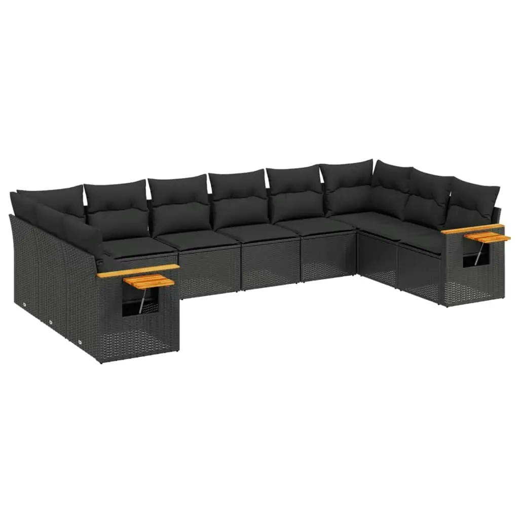 10 Piece Garden Sofa Set with Cushions Black Poly Rattan 3259563