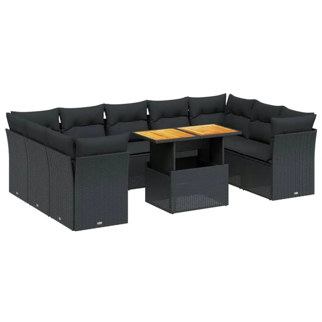 10 Piece Garden Sofa Set with Cushions Black Poly Rattan 3270992