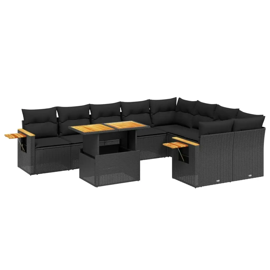 10 Piece Garden Sofa Set with Cushions Black Poly Rattan 3273673