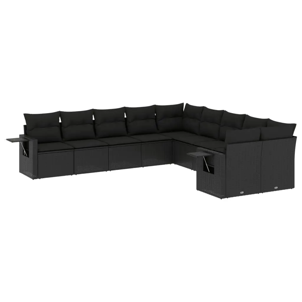 10 Piece Garden Sofa Set with Cushions Black Poly Rattan 3220704