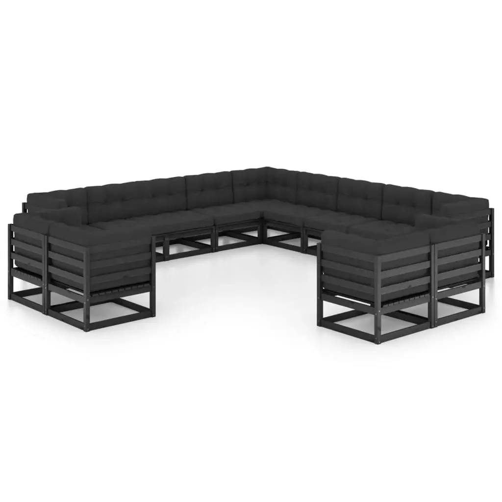 13 Piece Garden Lounge Set with Cushions Black Solid Pinewood 3077018