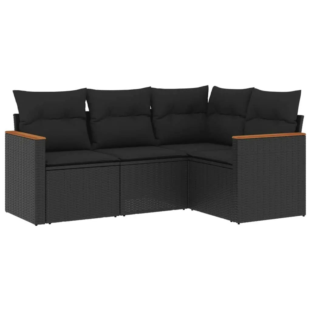 4 Piece Garden Sofa Set with Cushions Black Poly Rattan 3225929