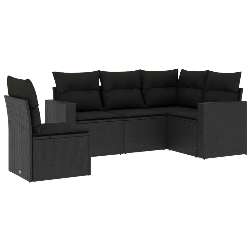 5 Piece Garden Sofa Set with Cushions Black Poly Rattan 3218955