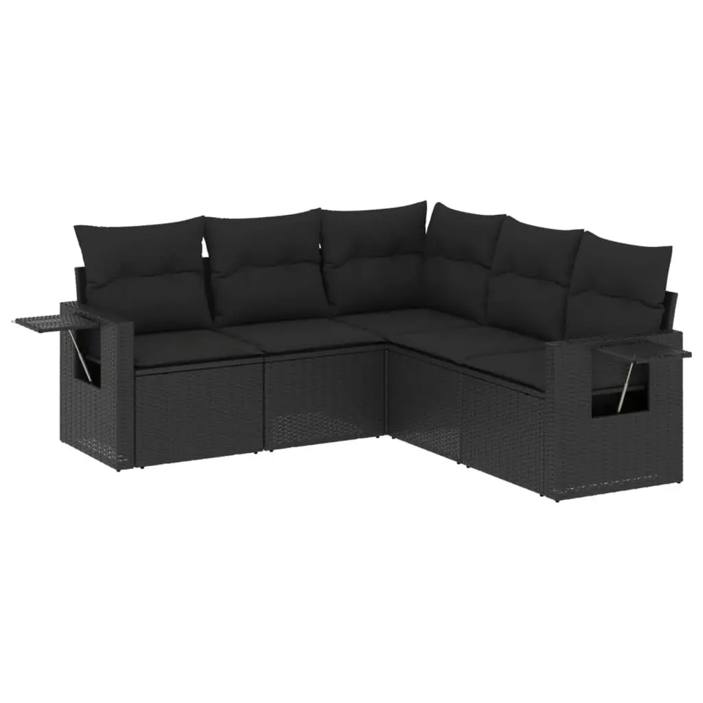 5 Piece Garden Sofa Set with Cushions Black Poly Rattan 3252482