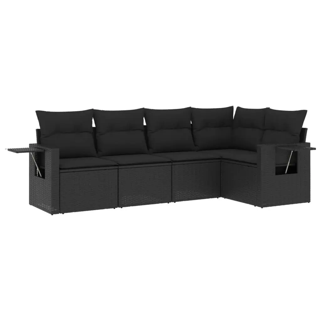 5 Piece Garden Sofa Set with Cushions Black Poly Rattan 3252462