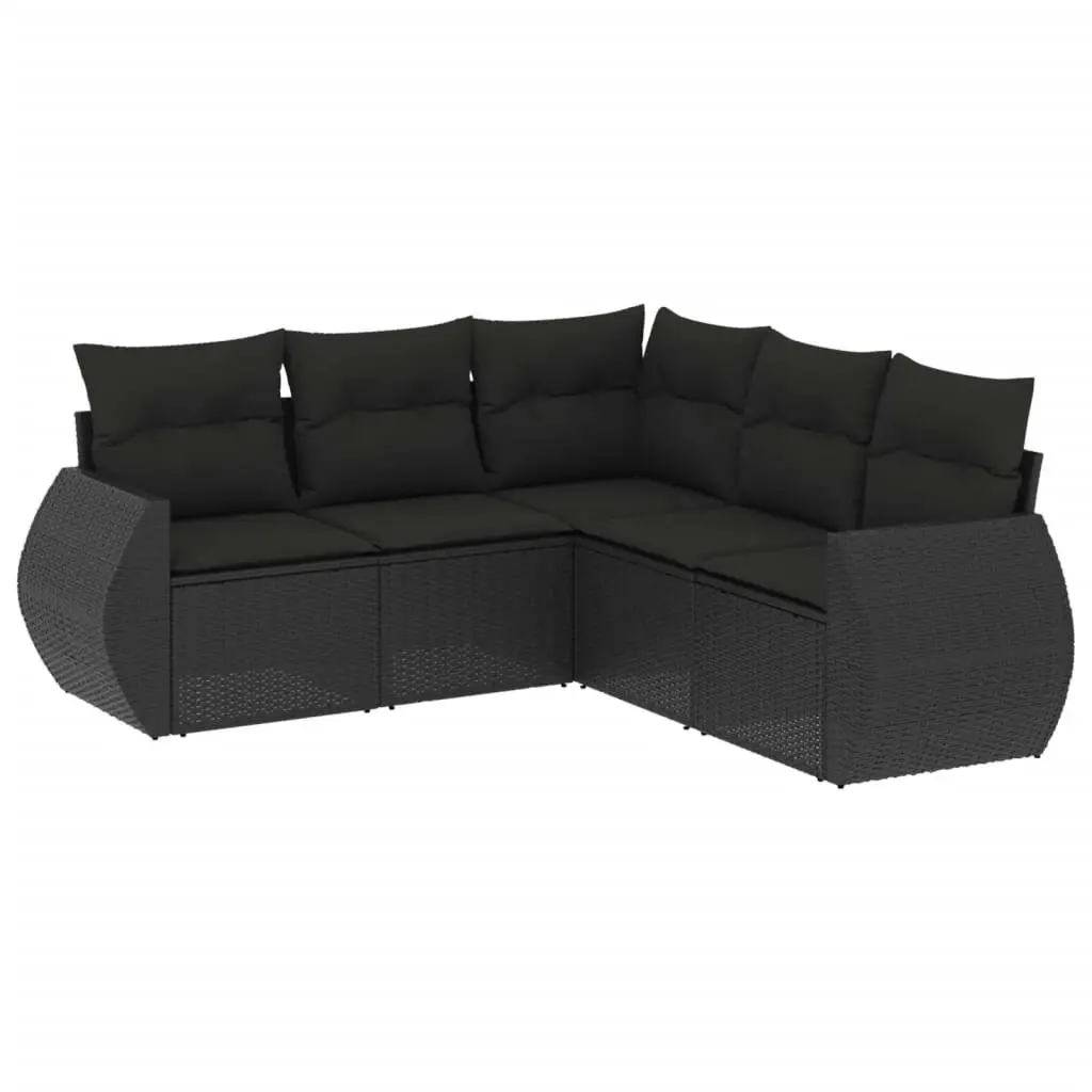 5 Piece Garden Sofa Set with Cushions Black Poly Rattan 3253682