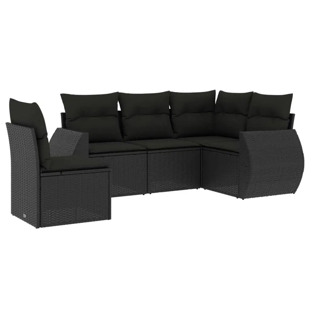 5 Piece Garden Sofa Set with Cushions Black Poly Rattan 3253702