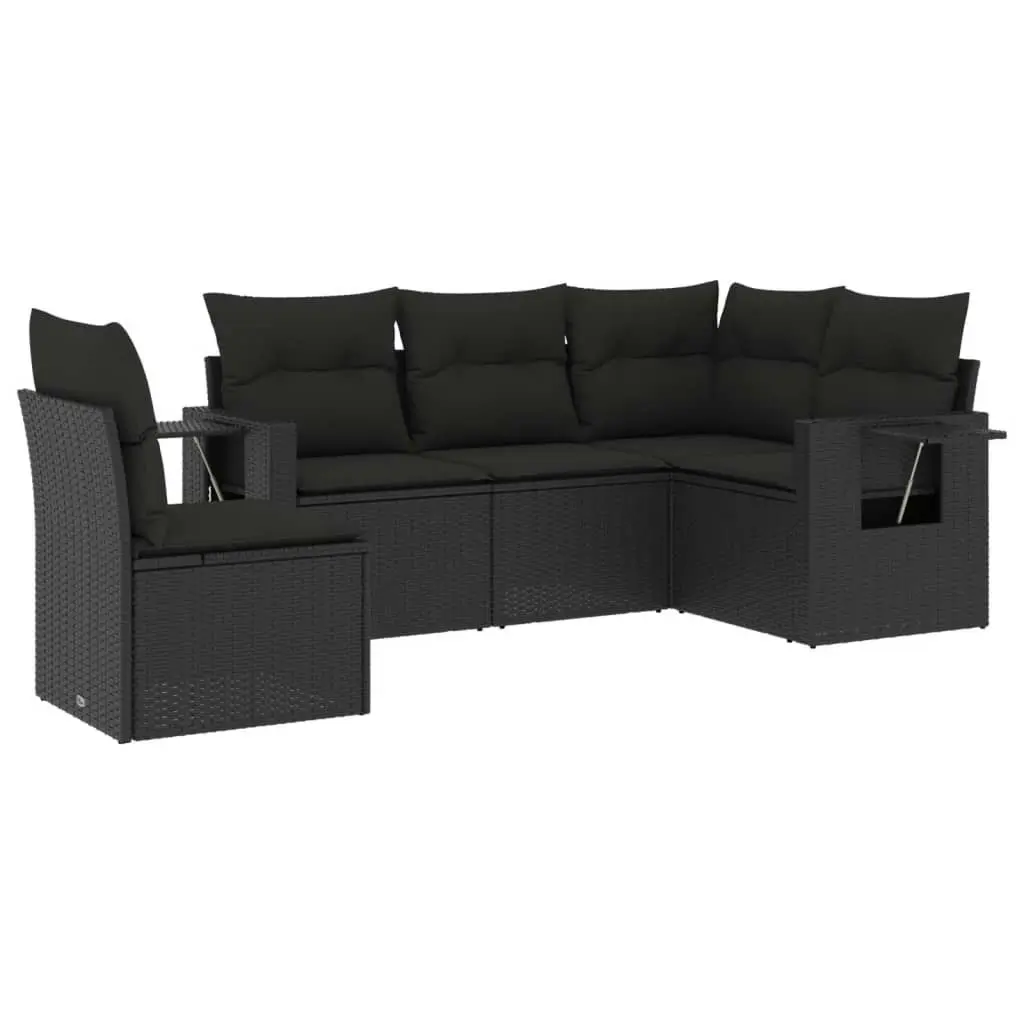 5 Piece Garden Sofa Set with Cushions Black Poly Rattan 3252502