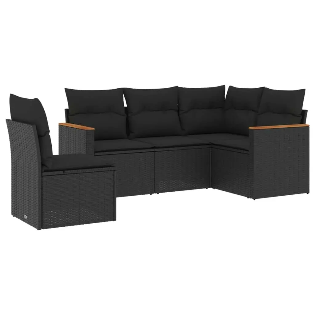 5 Piece Garden Sofa Set with Cushions Black Poly Rattan 3258373