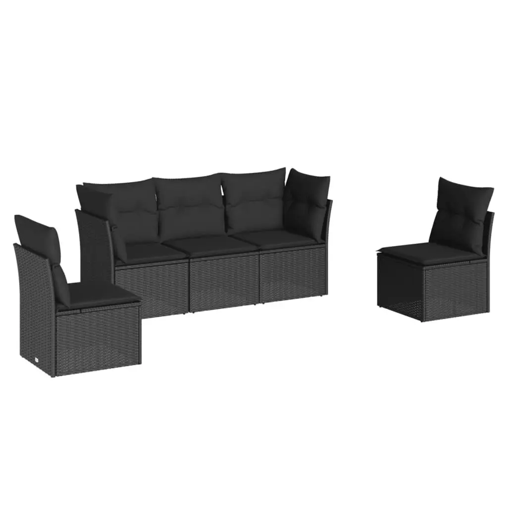 5 Piece Garden Sofa Set with Cushions Black Poly Rattan 3249184