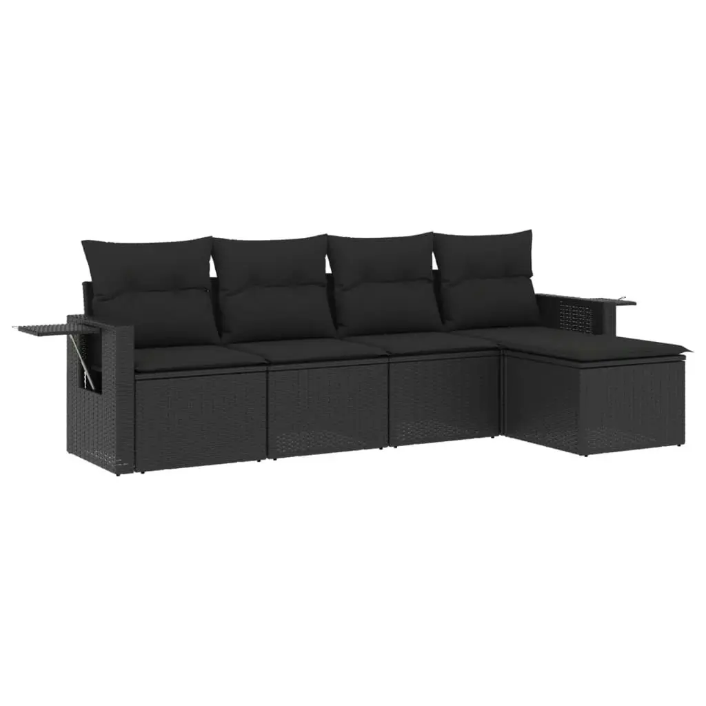 5 Piece Garden Sofa Set with Cushions Black Poly Rattan 3252422