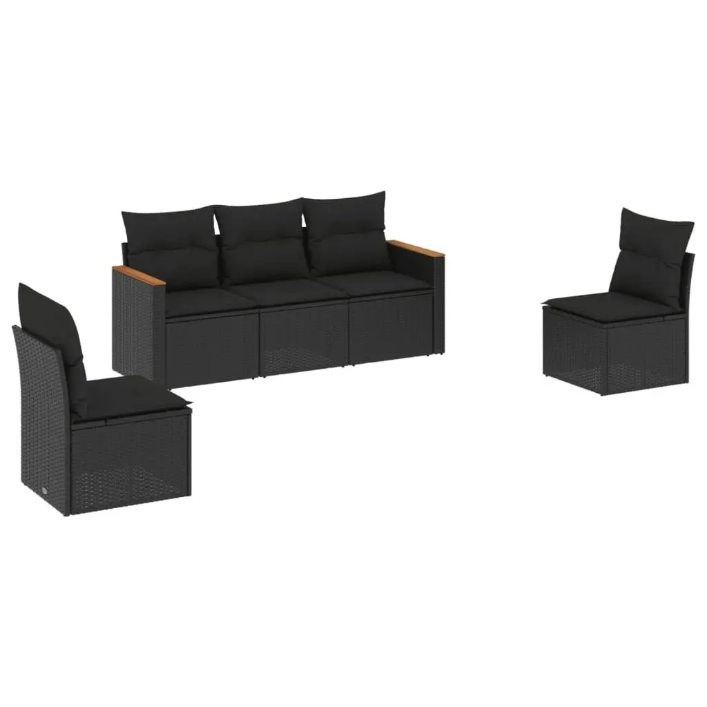 5 Piece Garden Sofa Set with Cushions Black Poly Rattan 3225845